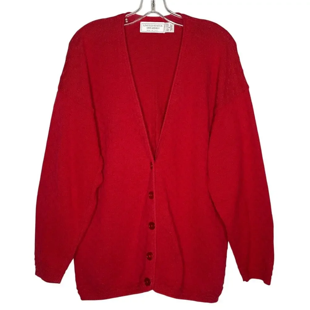 1980s United States Sweaters Red Textured Knit Cardigan Oversized Medium